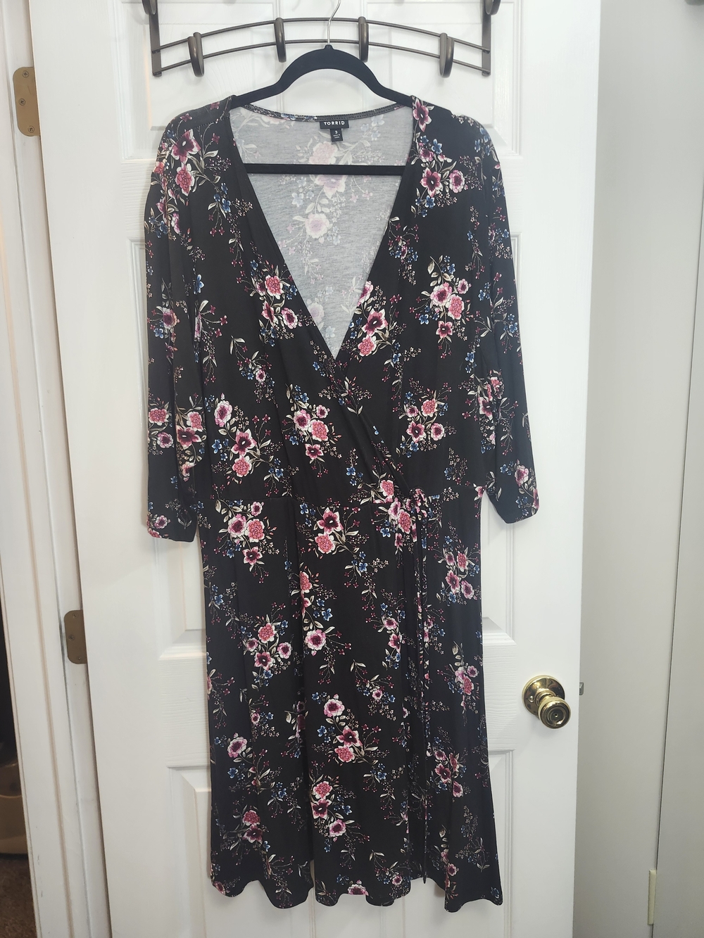 Torrid Black Floral Wrap Midi Dress with Pink and Blue Blooms, Torrid 3 = 3X